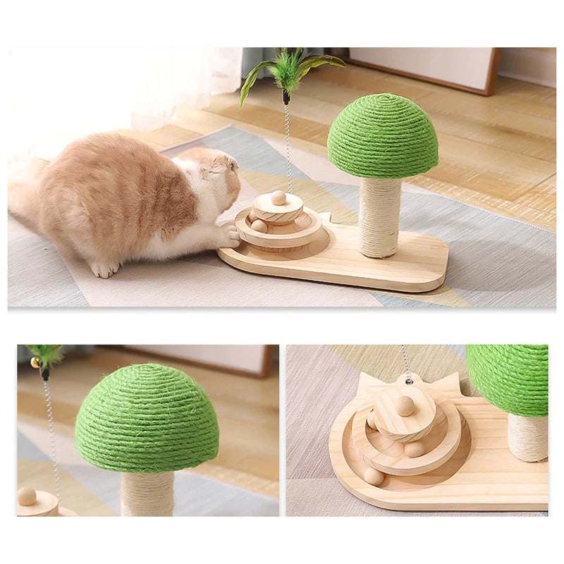 Pet tree scratching post with feather toy and wooden balls for interactive pet play