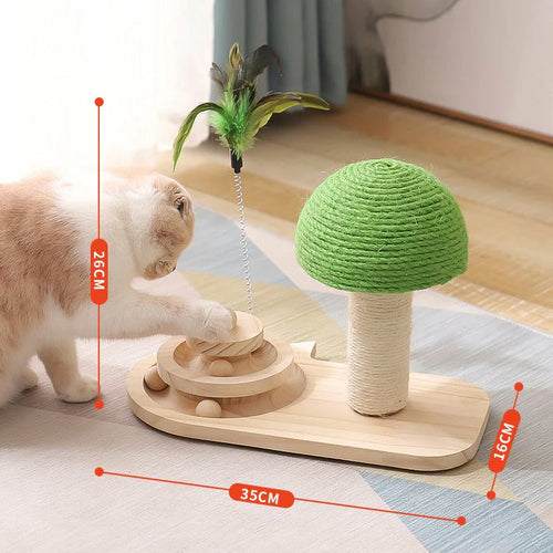 Pet tree scratching post with feather toy and rolling wooden balls on sturdy sisal post