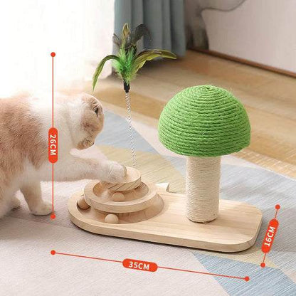 Pet tree scratching post with feather toy and rolling wooden balls on sturdy sisal post