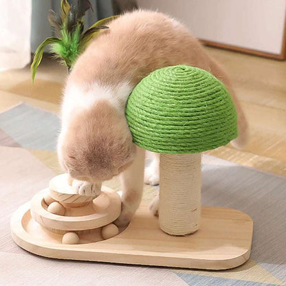 Pet Tree Scratching Post with feather toy and wooden rolling balls for interactive pet play
