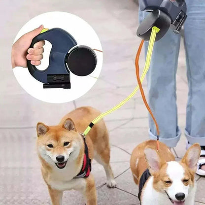 Dual pet leash retractable reflective lead with 360 swivel and ergonomic handle for double dog walking