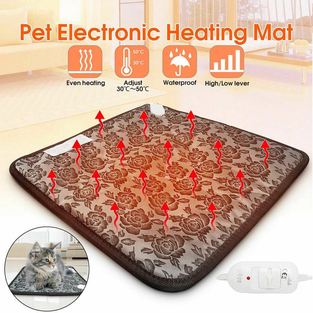 Brown thermal heating waterproof pet bed pad for dogs and cats with adjustable, machine washable cotton material
