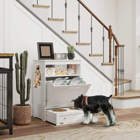 Pet Feeder Station Storage Cabinet, Dog Food Storage Container with Dog Raised Bowls, Watering Supplies, White cs06jp-nn.myshopify.com