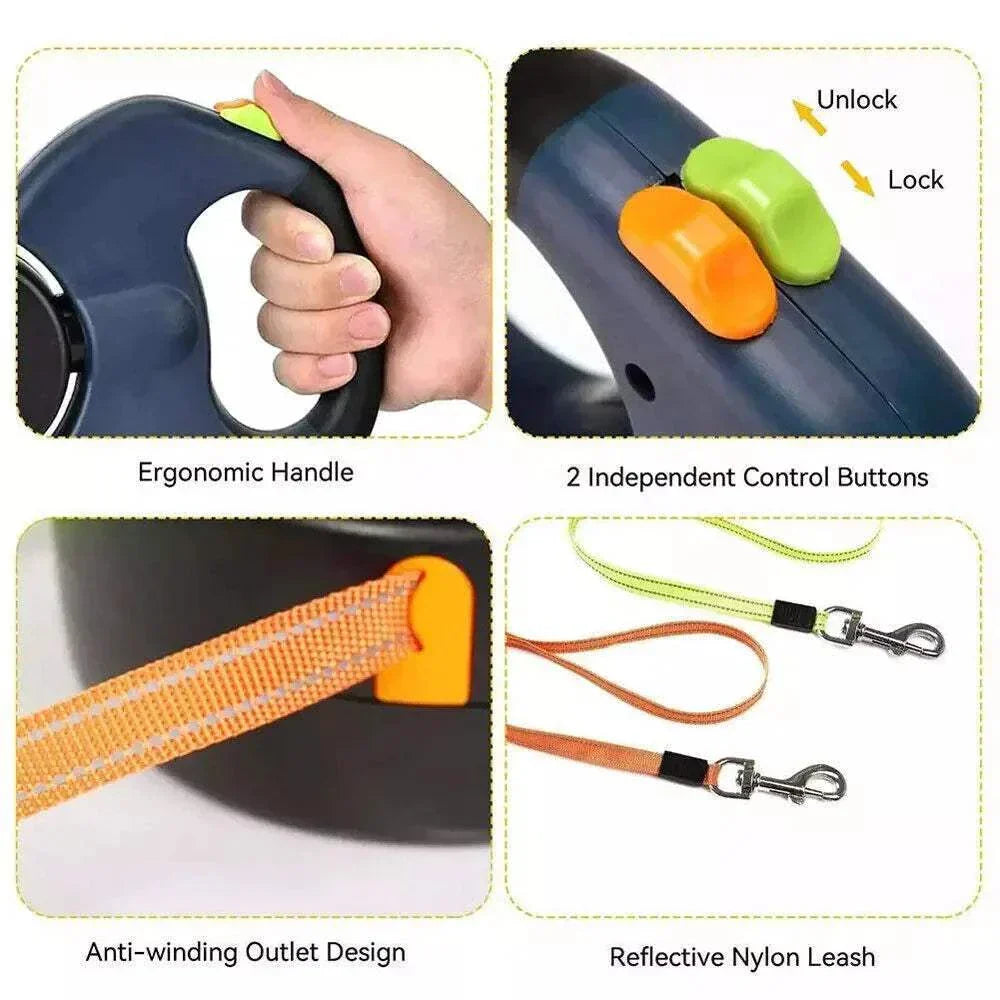 Dual pet leash retractable reflective lead with 360 swivel and ergonomic handle for double dog walking