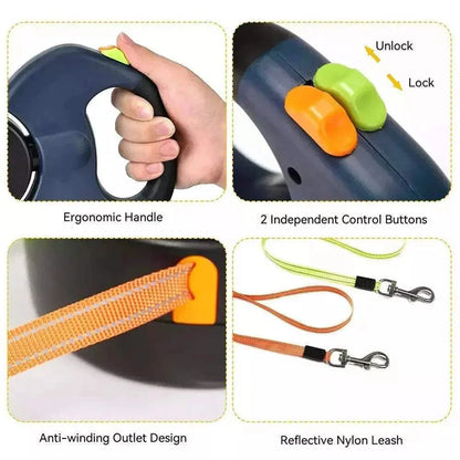 Dual pet leash retractable reflective lead with 360 swivel and ergonomic handle for double dog walking