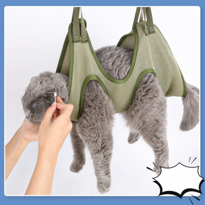 Cat Grooming Restraint Bag with hammock in breathable fabric keeping cat calm and secure during grooming