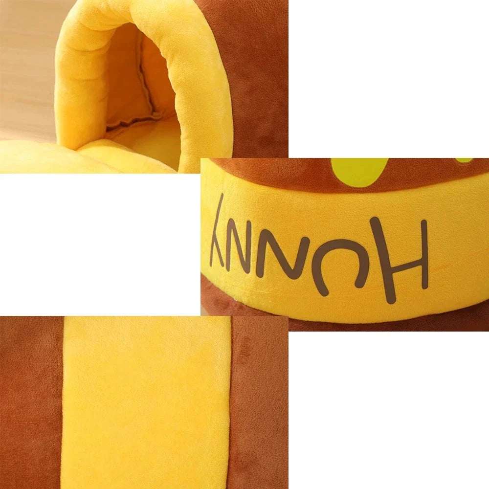 Honey Jar Theme Cat Bed made of plush coral fleece for cozy cat naps