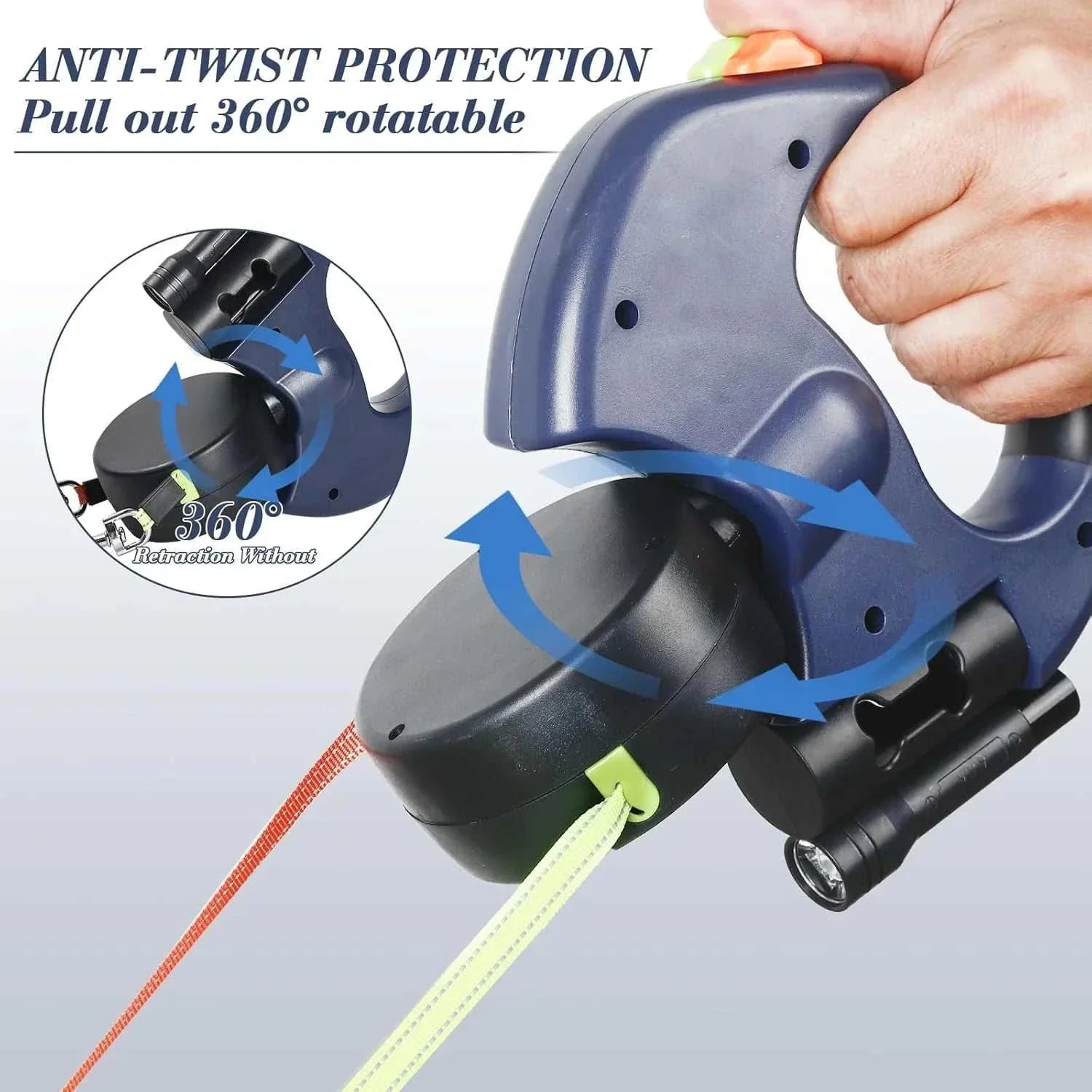 Dual pet leash retractable reflective lead with 360 swivel and ergonomic handle for double dog walking