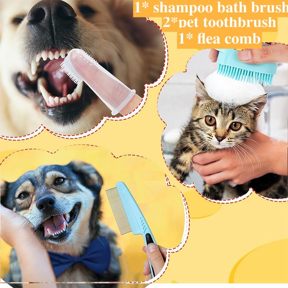 7pcs Pet Grooming Kit, Self-Cleaning Brush Shedding Kit With Nail Clipper, Flea Comb, Shampoo Bath Brush, Finger Toothbrush