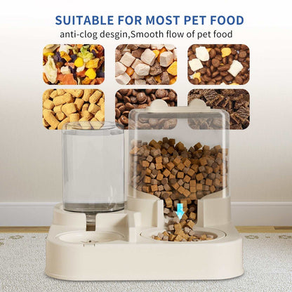 Transparent pet feeding and drinking dispenser with automatic food and water refill for easy pet care.