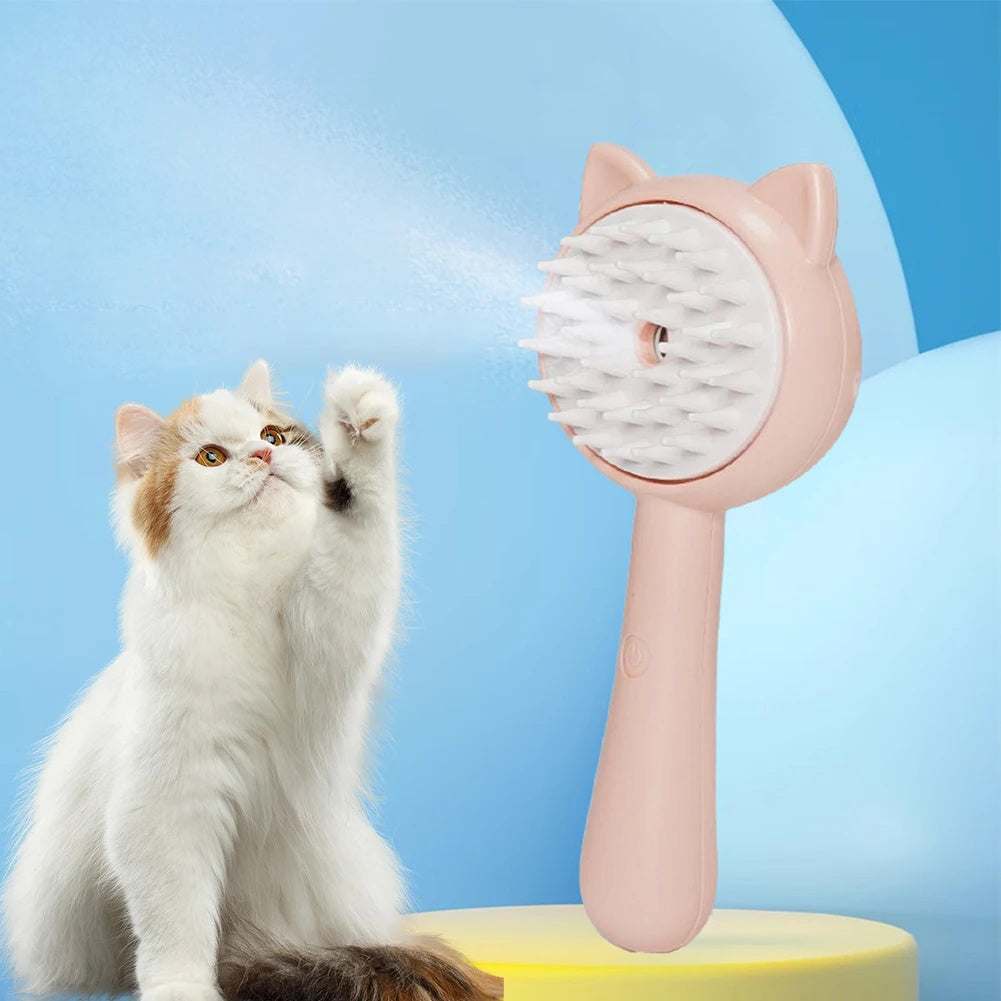 Yellow ergonomic hair cleaning brush with steam technology for cat grooming and shedding reduction