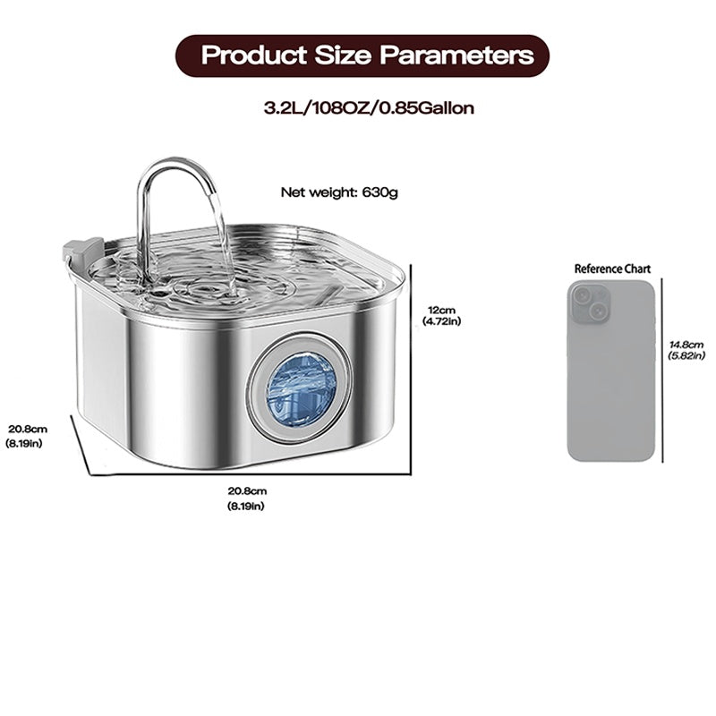 Cat Water Fountain Stainless Steel,108oz 3.2L Cat Fountain For Drinking - Pet Water Fountain Inside - Automatic Dog Watering Dispenser Bowl - Pet Feeding & Watering Supplies - Water Level Window