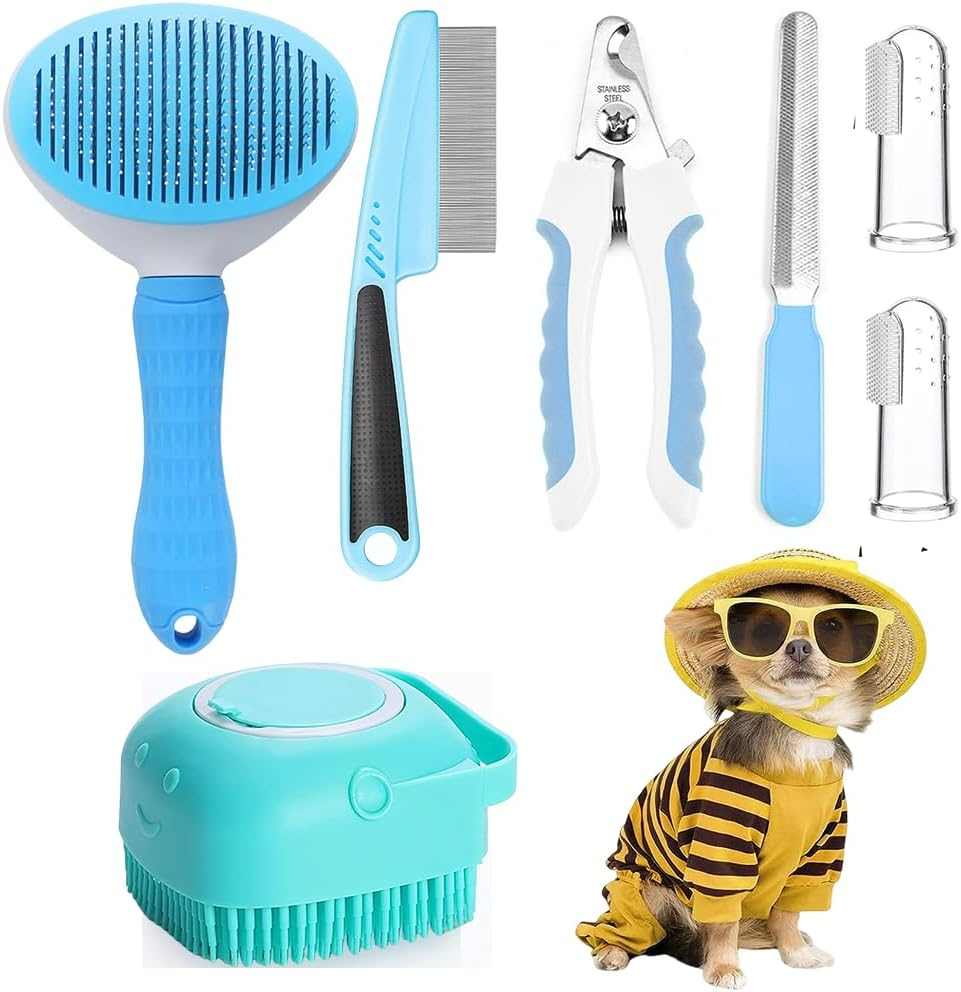 7pcs pet grooming kit with self-cleaning brush, nail clipper, flea comb, shampoo bath brush, and finger toothbrush