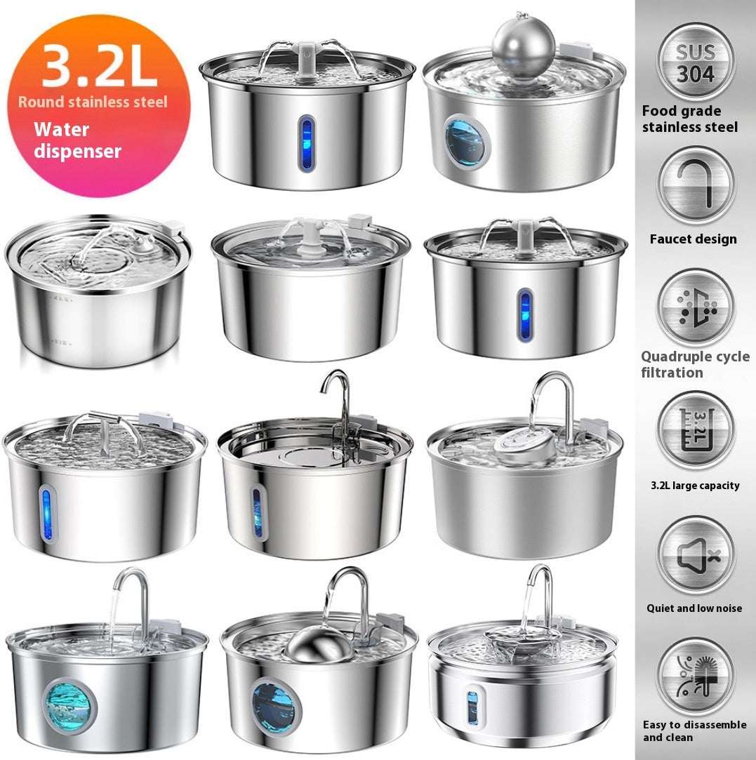 Large stainless steel pet water dispenser for dogs and cats with round runway design and high capacity