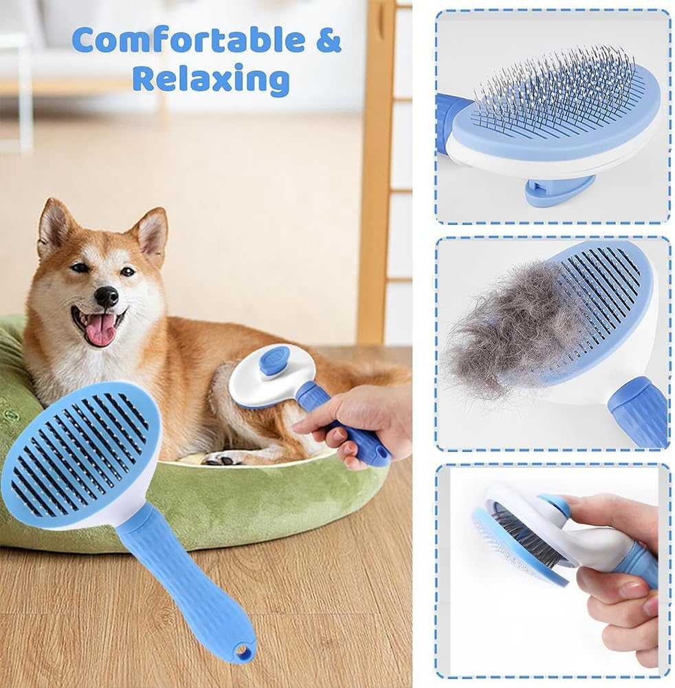 7pcs pet grooming kit with self-cleaning brush, nail clipper, flea comb, bath brush, and finger toothbrush
