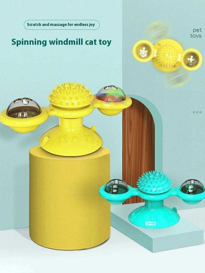 Interactive windmill cat toy with LED light ball and suction cup for indoor cat exercise and play