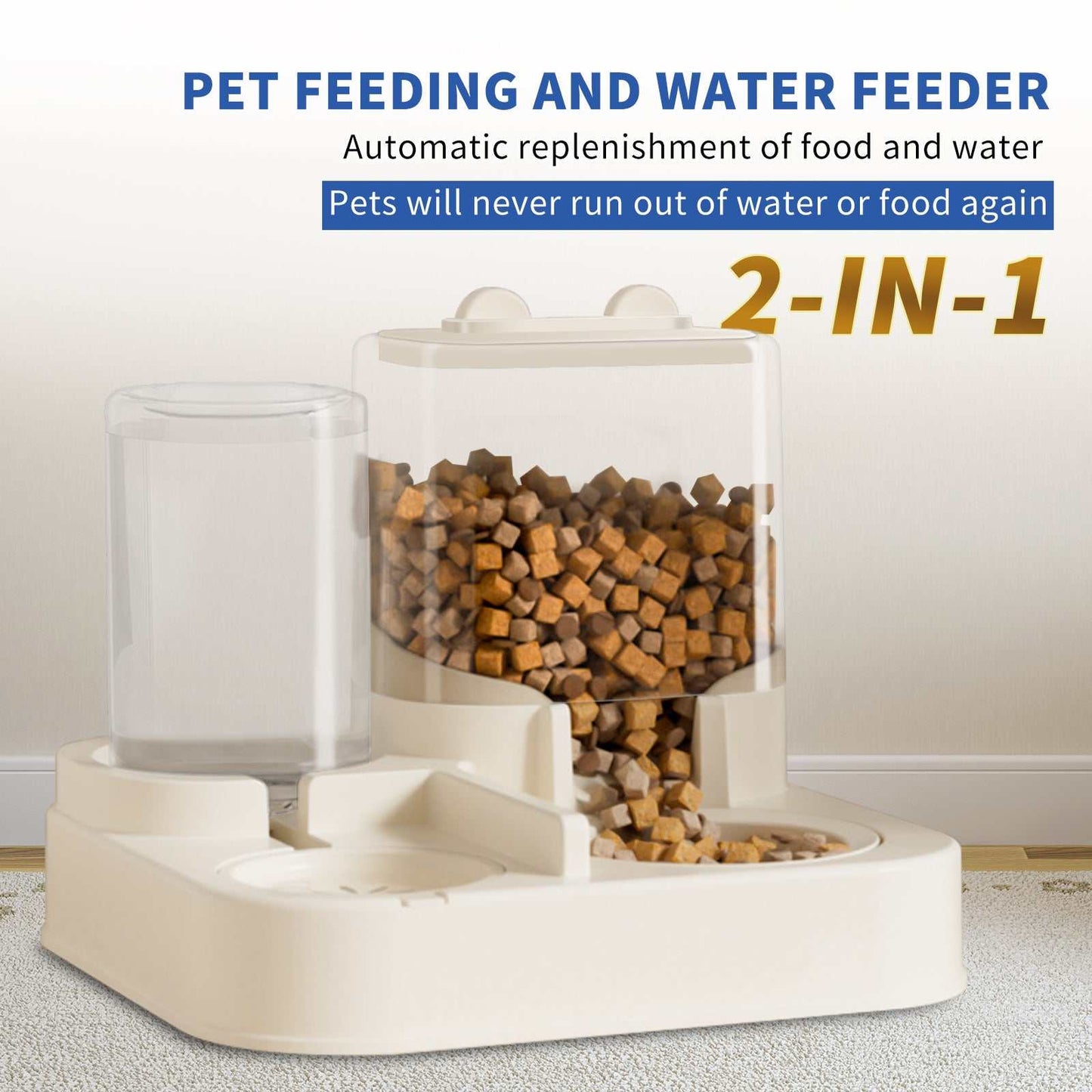 Transparent pet feeding and drinking dispenser with automatic refilling for worry-free pet care