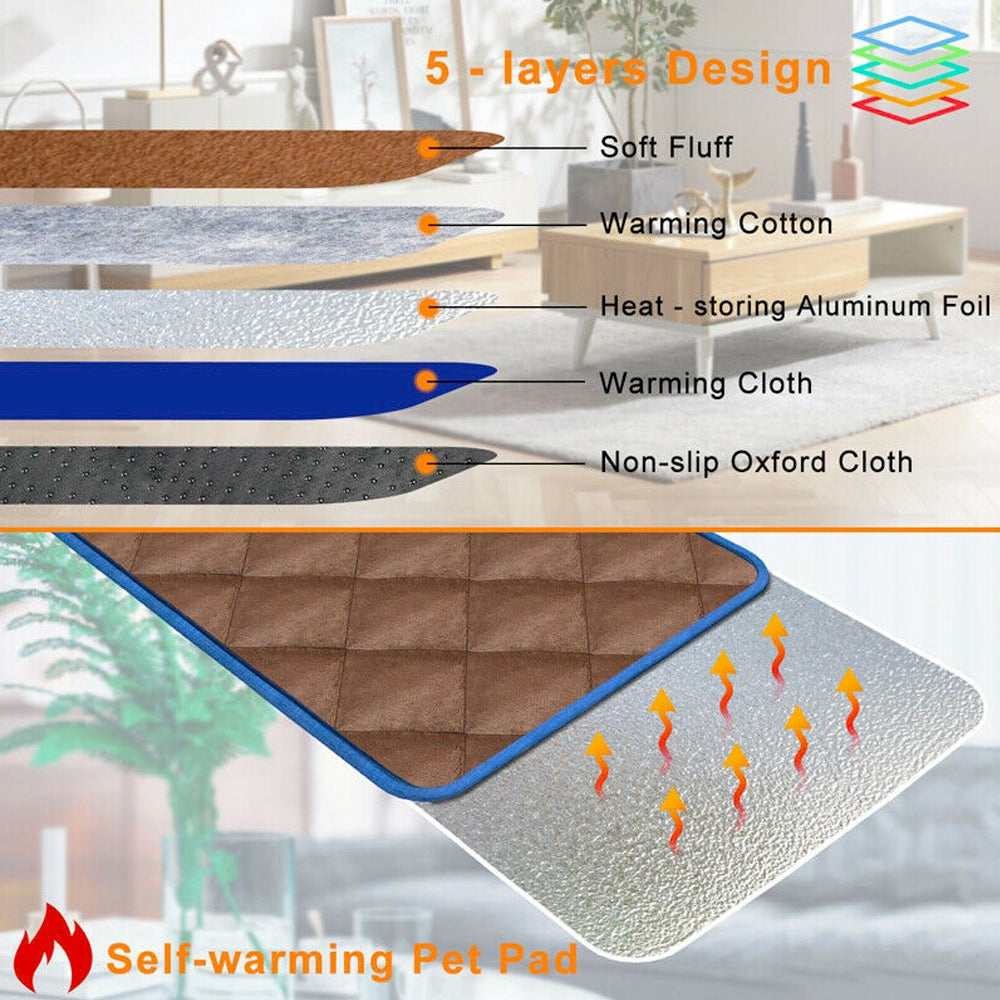 Brown self heating thermal bed for dogs and cats, portable and machine washable