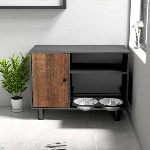 Large pet feeder station with black vintage cabinet and stainless steel pull-out dog bowls