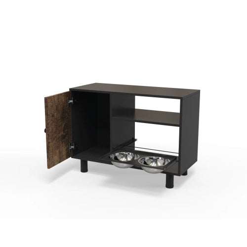 Large pet feeder station with black vintage wood cabinet and stainless steel pull-out dog bowls for feeding and storage