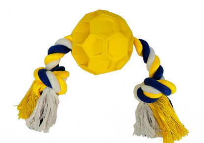 Durable rubber soccer ball chew toy with tug rope for active dogs and aggressive chewers