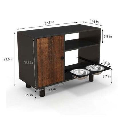 Large pet feeder station with black vintage cabinet and stainless steel pull-out dog bowls for food storage and feeding