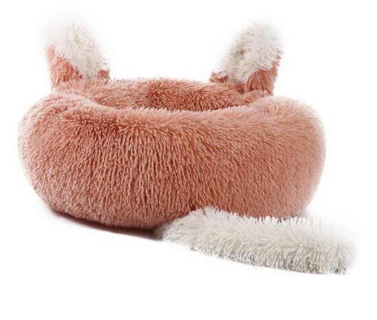 Medium plush pet bed with ears and tail for cats and small dogs, soft faux shag fur with anti-skid bottom, 20-inch diameter, washable, fast 2-day shipping.