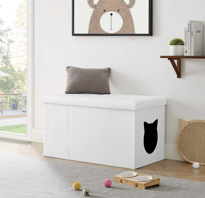 Designer cat litter box enclosure with tufted top and faux leather finish ottoman for stylish home décor and easy litter box concealment