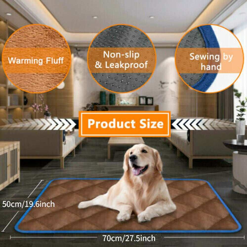 Brown self heating thermal bed for dogs and cats, cotton material, machine washable, waterproof, durable pet pad 27.5 x 19.6 inches