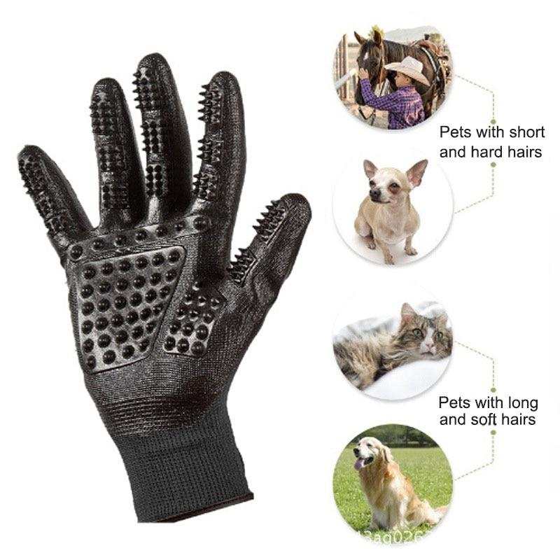 Pair of black and blue pet grooming gloves with rubber tips for gentle fur removal and massage