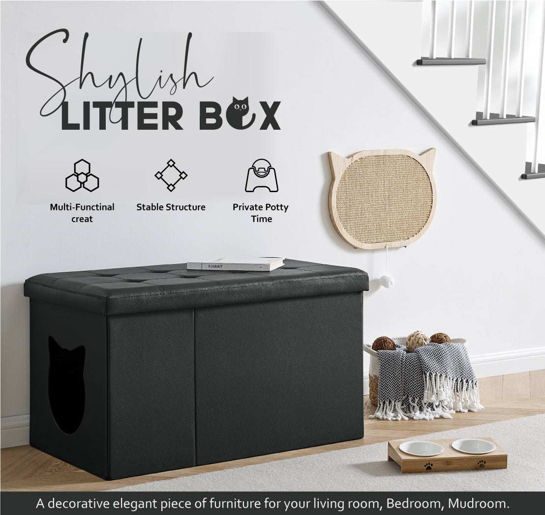 Designer cat litter box enclosure with tufted top, faux leather, and foldable ottoman design for stylish home décor and easy assembly.