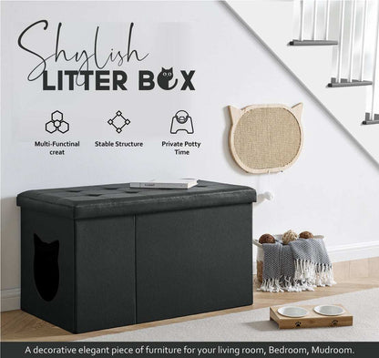 Designer cat litter box enclosure with tufted top, faux leather, and foldable ottoman design for stylish home décor and easy assembly.