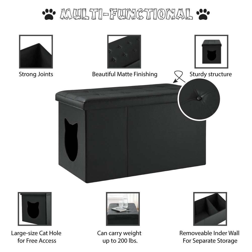 Designer cat litter box enclosure with tufted top and faux leather finish.