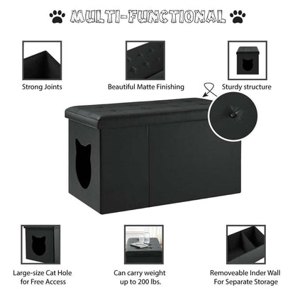 Designer cat litter box enclosure with tufted top and faux leather finish.