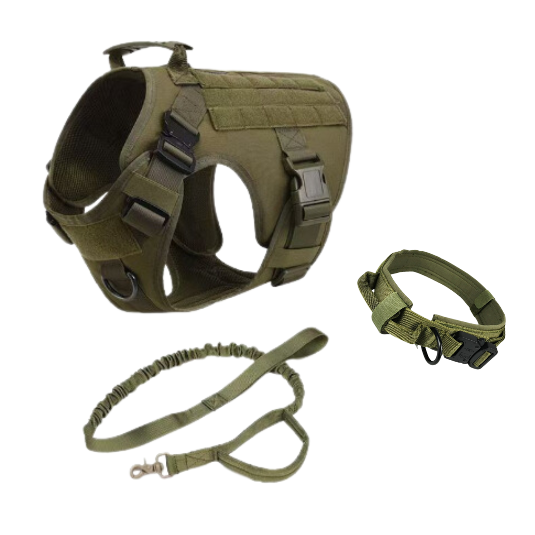 Military dog tactical harness set with collar and leash in durable nylon material