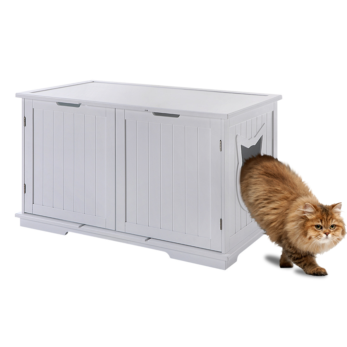 X-Large wooden Cat Washroom Bench with removable partition and adjustable cat entrance for litter box enclosure