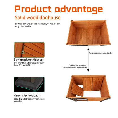45"Dog House wooden outdoor and indoor kennel for large dogs with waterproof solid wood construction and elevated feet