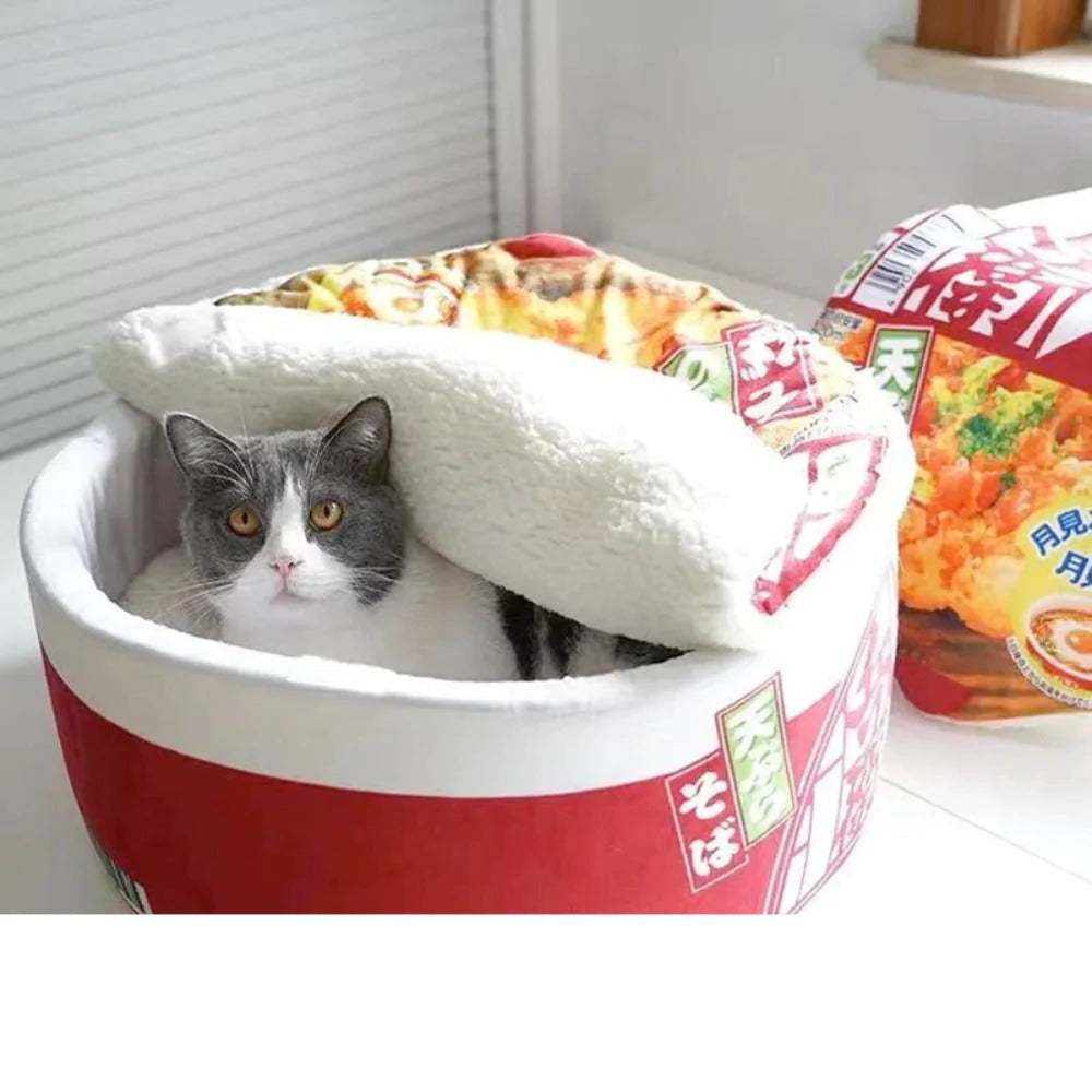 Pet ramen cushion plush bed with fleece interior and removable velcro lid for cats and dogs