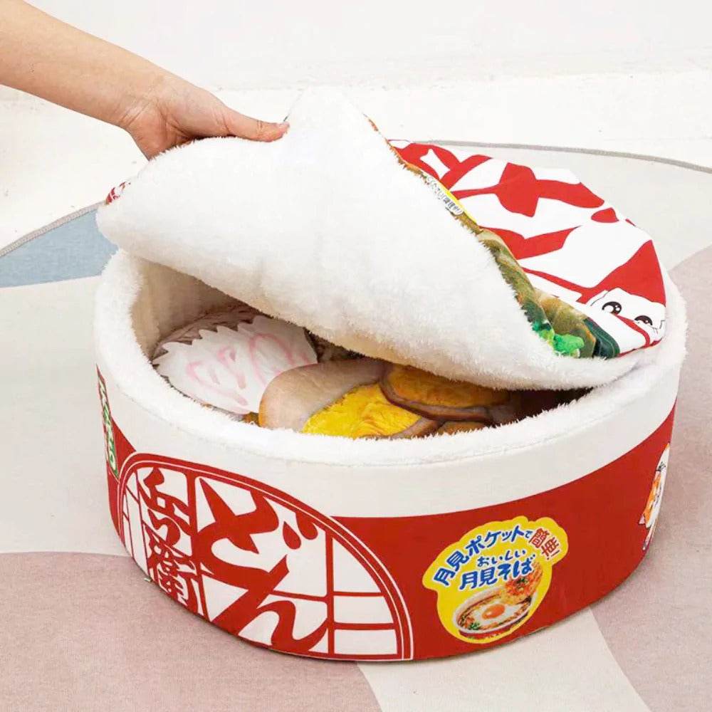 Pet ramen cushion plush bed with removable fleece mat for cats and dogs