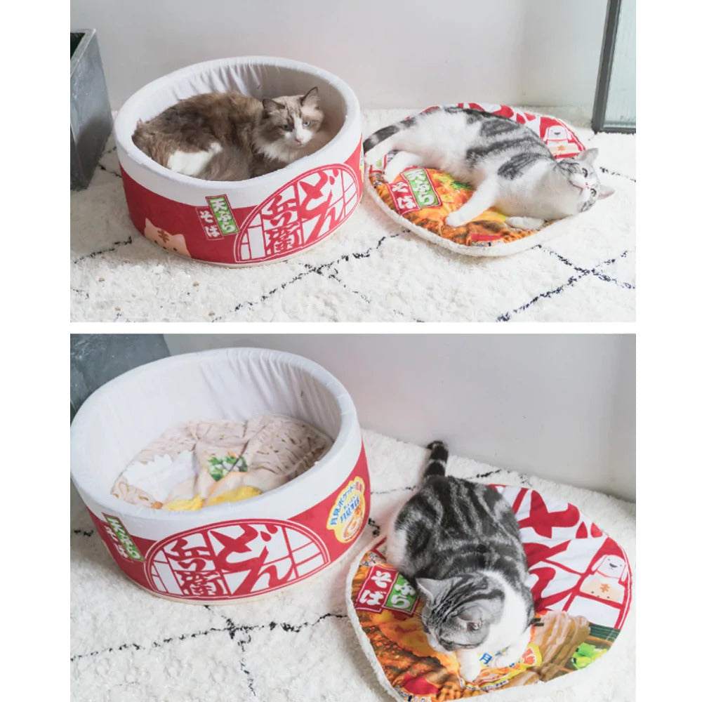 Pet Ramen Cushion plush bed with fleece lining for cats and dogs, removable velcro lid mat, cotton polyester, 19.68x7.87 inches