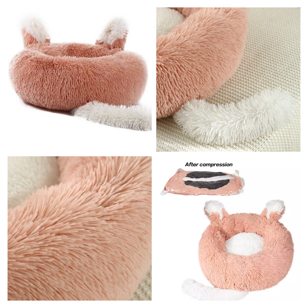 Medium plush pet bed with ears and tail design for cats and small dogs, soft faux shag fur with non-skid bottom, fast 2-day shipping