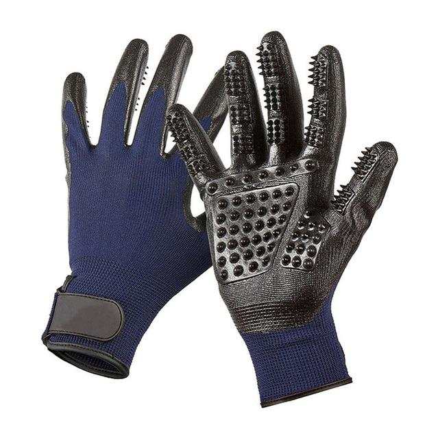 Pair of black and blue pet grooming gloves with rubber tips and adjustable Velcro closure