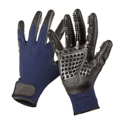 Pair of black and blue pet grooming gloves with rubber tips and adjustable Velcro closure