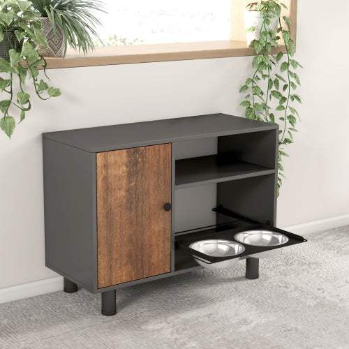 Large pet feeder station with black and vintage cabinet, stainless steel pull-out dog bowls, and storage compartments for dog food.