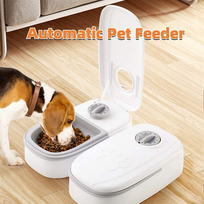 Automatic pet feeder with gravity food and water dispenser for cats and dogs in pink and gray colors