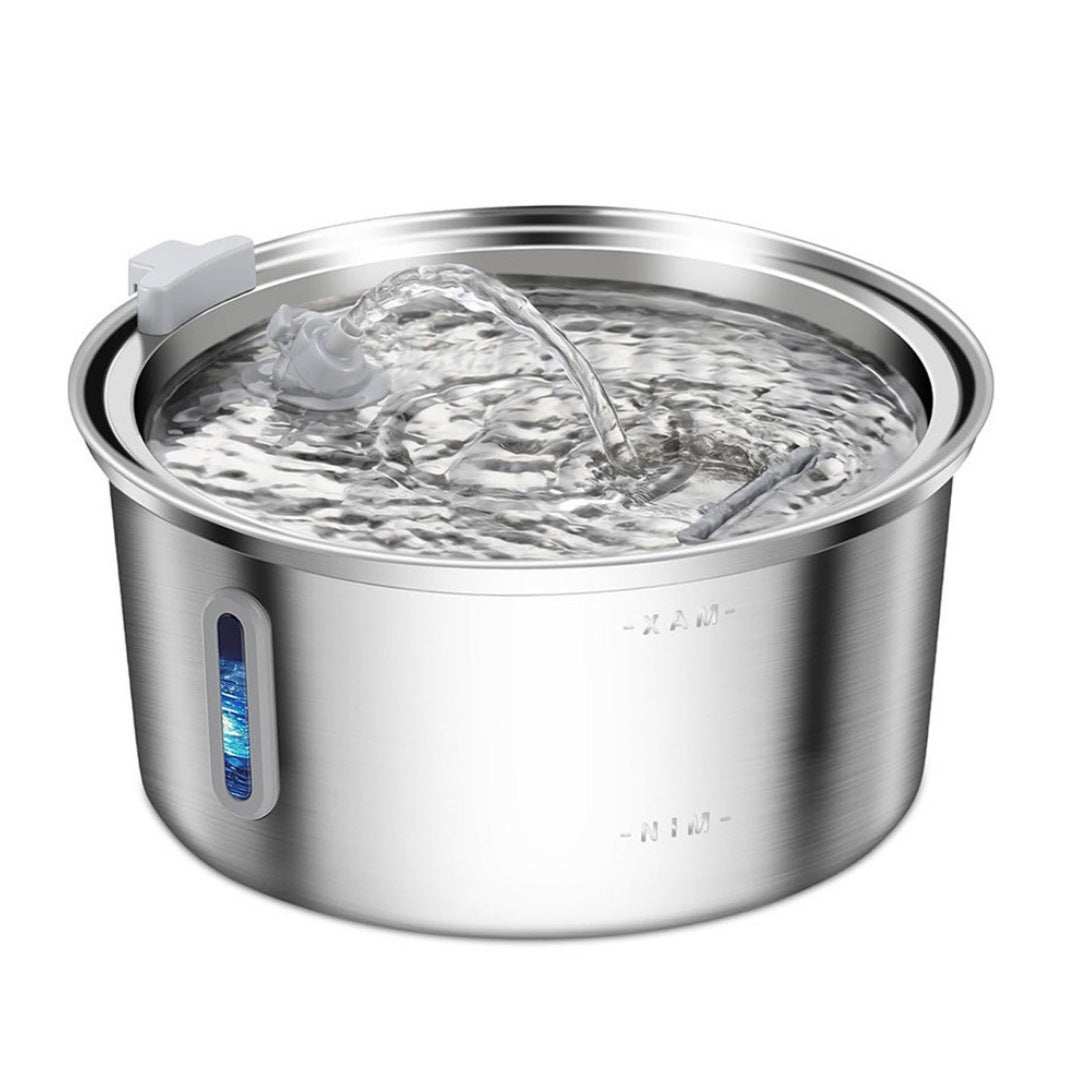 Large stainless steel pet water dispenser for cats and dogs with round runway design and high capacity