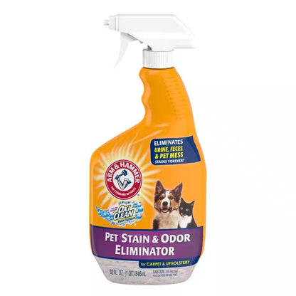 32 oz Pet Stain and Odor Eliminator spray bottle removing pet stains and odors with Arm & Hammer and OxiClean