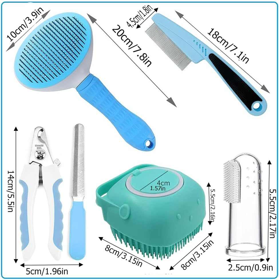 7pcs pet grooming kit with self-cleaning brush, nail clipper, flea comb, shampoo brush, and finger toothbrush set