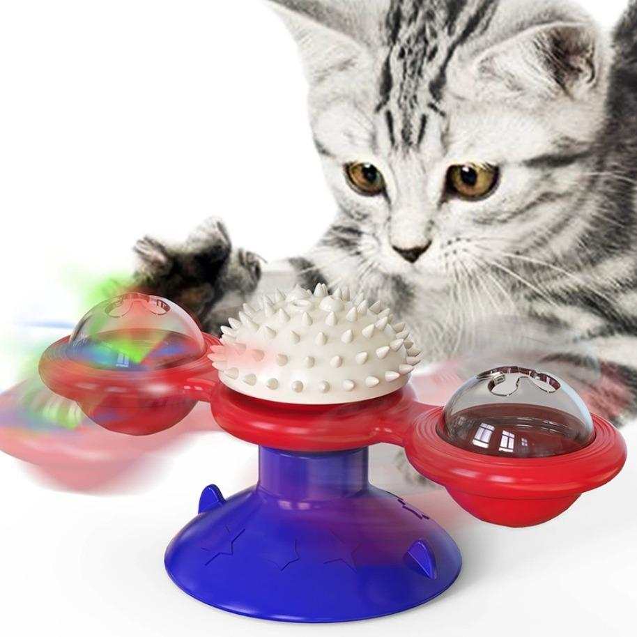 Interactive indoor windmill toy cat set with LED ball, suction cup, and catnip for exercise and entertainment