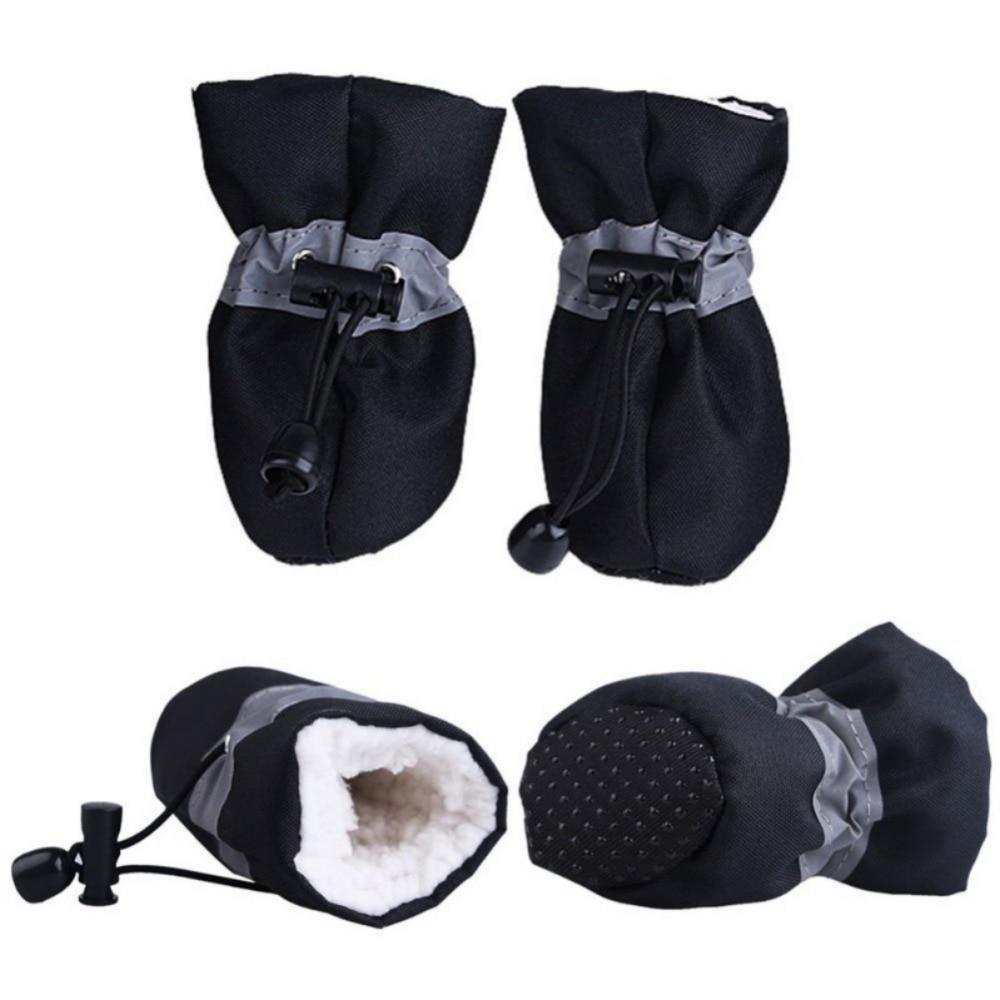 Set of 4 anti-slip dogs winter warm shoes with reflective strips and drawstring closures
